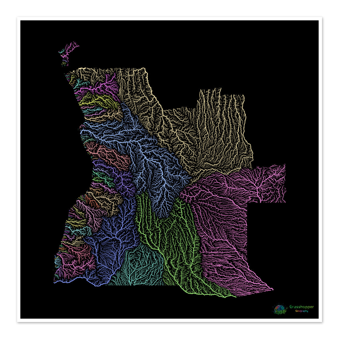 River basin map of Angola, pastel colours on black - Fine Art Print