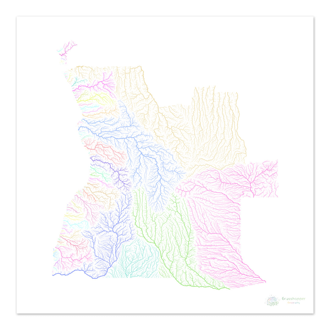 River basin map of Angola, pastel colours on white - Fine Art Print