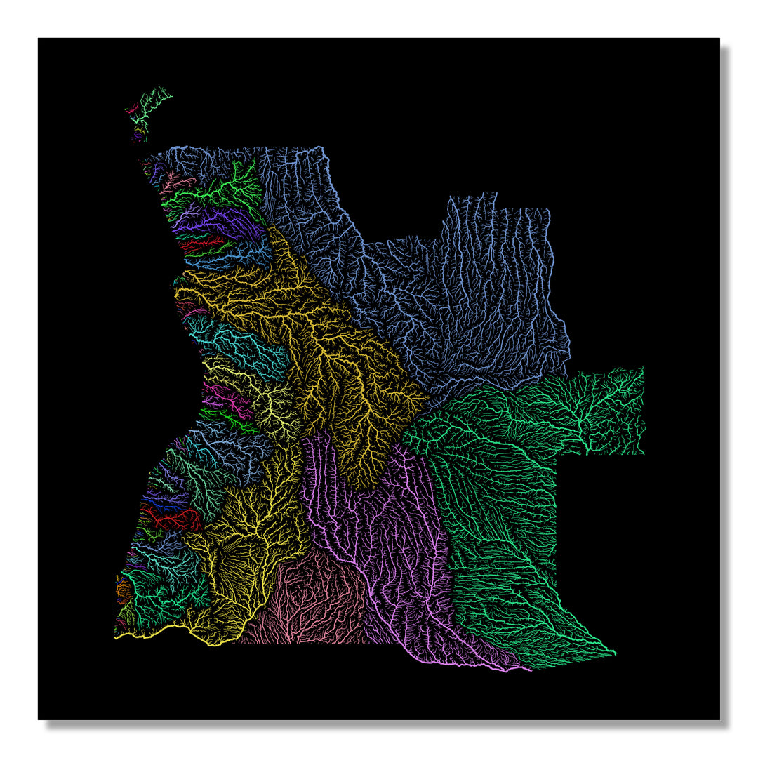 Angola - River basin map, rainbow colours - Wall Art
