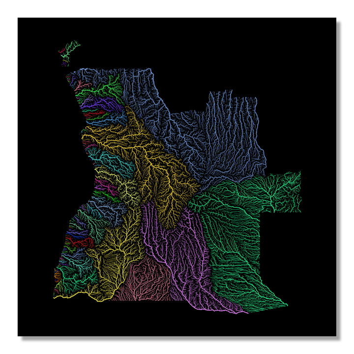 Angola - River basin map, rainbow colours - Wall Art