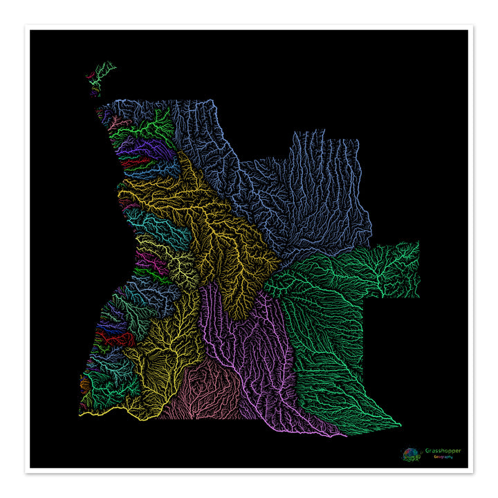 Angola - River basin map, rainbow on black - Fine Art Print