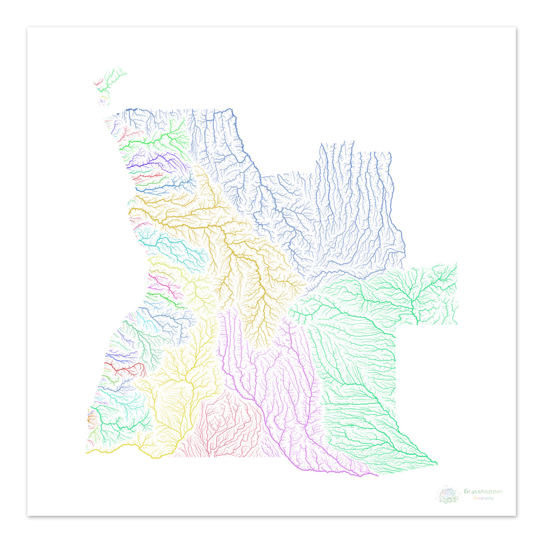 Angola - Mapa de la cuenca fluvial, arco iris sobre blanco - - Impresión de bellas artes