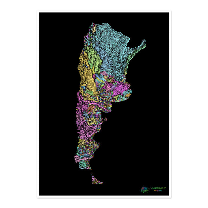 Argentina - Mapa de la cuenca hidrográfica, pastel sobre negro - Impresión de Bellas Artes