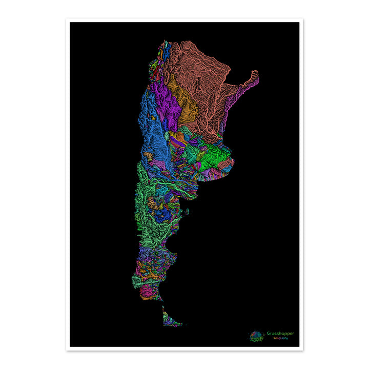River basin map of Argentina, rainbow colours on black - Fine Art Print