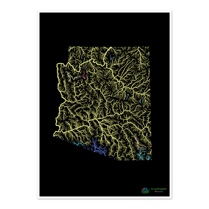 Arizona - Mapa de la cuenca del río, pastel sobre negro - Impresión de Bellas Artes