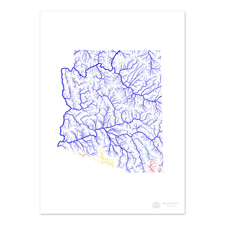 Arizona - Mapa de la cuenca del río, arco iris sobre blanco - Impresión de Bellas Artes