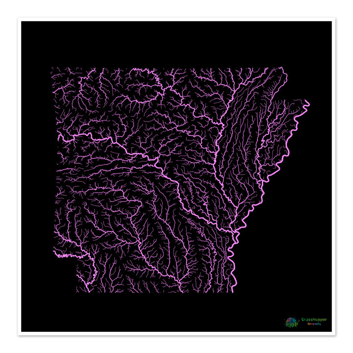 River basin map of Arkansas, pastel colours on black - Fine Art Print