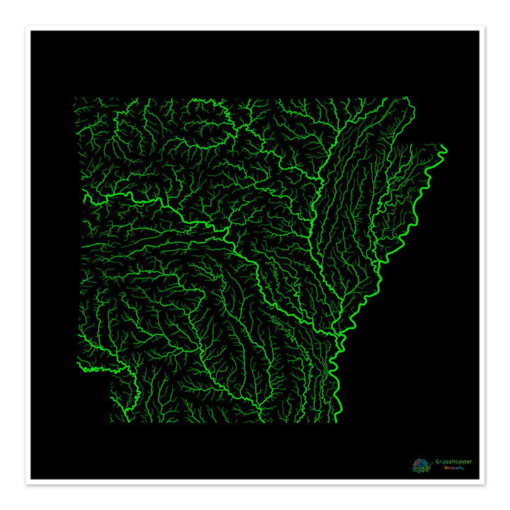 Arkansas - Mapa de la cuenca fluvial, arco iris sobre negro - Impresión de bellas artes