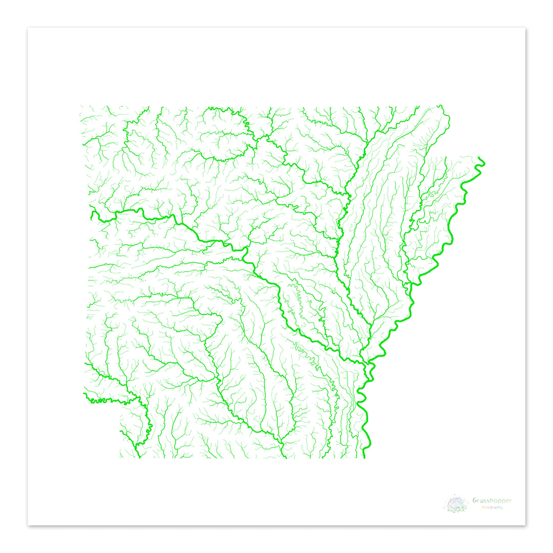 Arkansas - Mapa de la cuenca fluvial, arco iris sobre blanco - Impresión de bellas artes