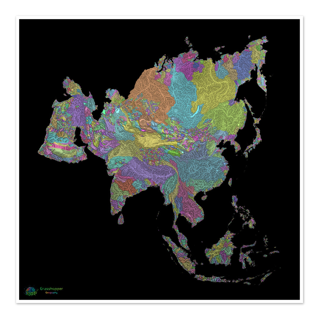 Asia - Mapa de la cuenca fluvial, pastel sobre negro - Impresión de Bellas Artes