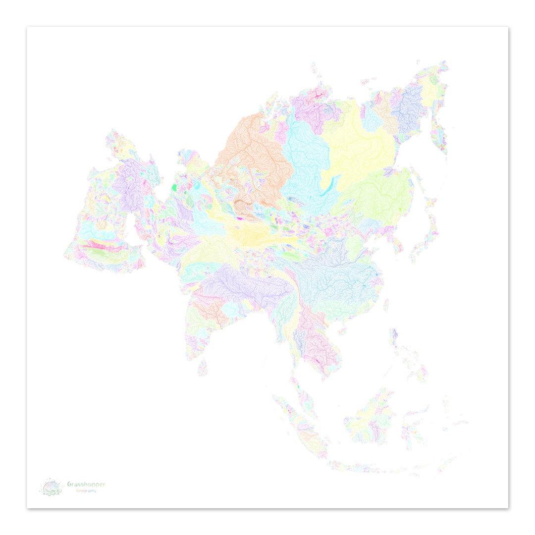 Asia - River basin map, pastel on white - Fine Art Print