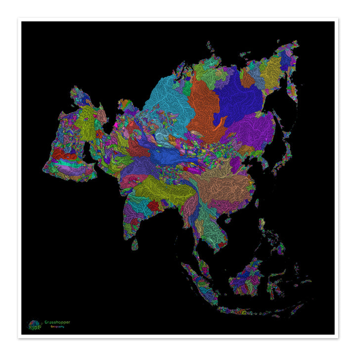 Asie - Carte des bassins fluviaux, arc-en-ciel sur noir - Fine Art Print