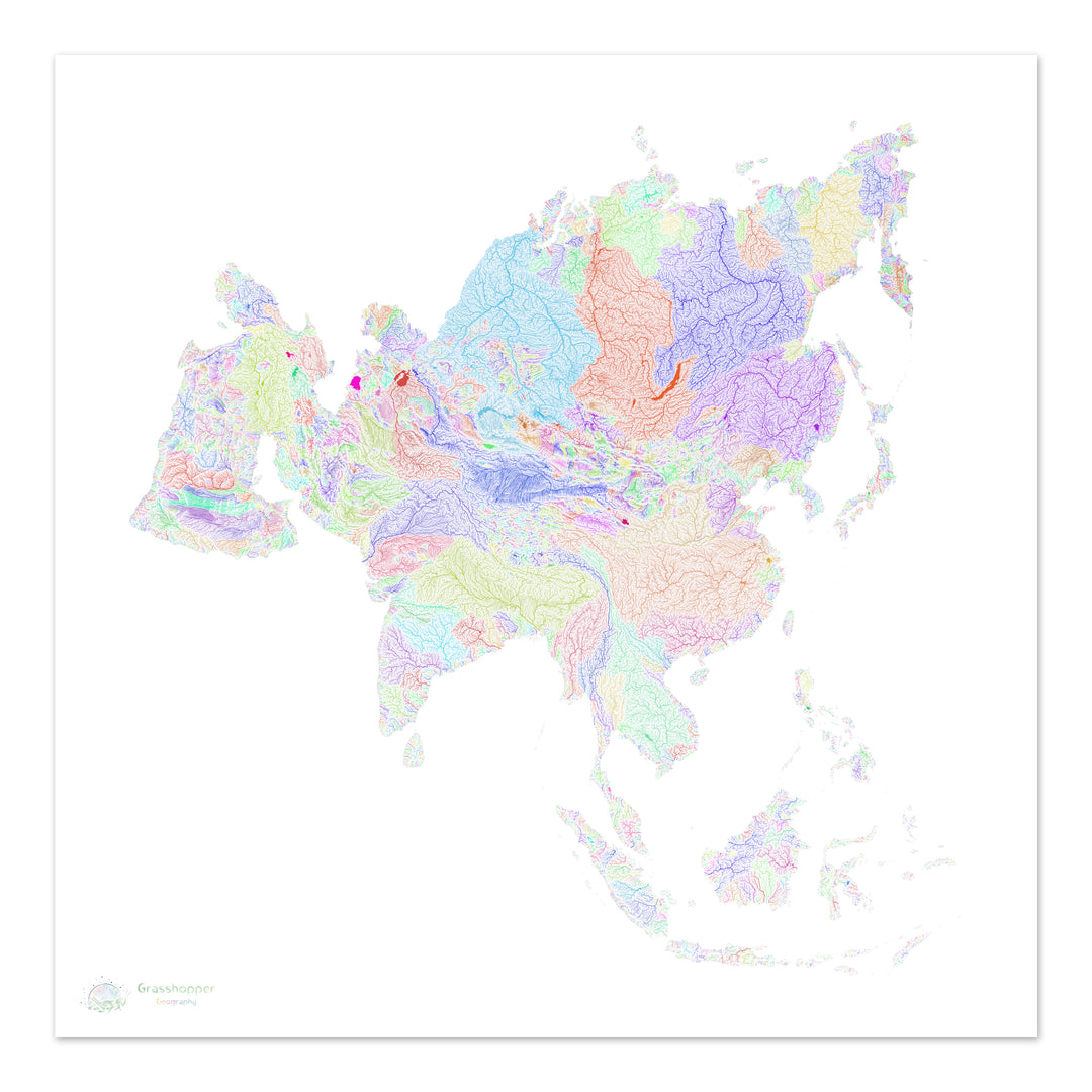 Asia - Mapa de cuencas fluviales, arco iris sobre blanco - Impresión de Bellas Artes