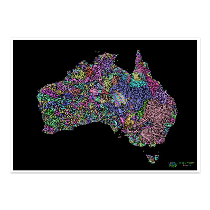 River basin map of Australia, pastel colours on black - Fine Art Print