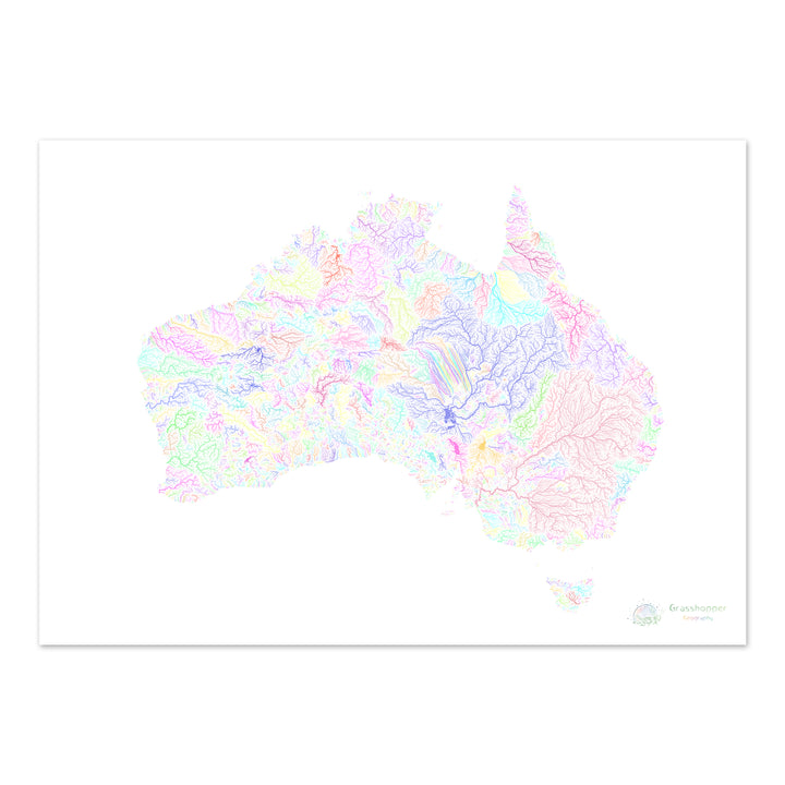 Australie - Carte des bassins fluviaux, pastel sur blanc - Fine Art Print