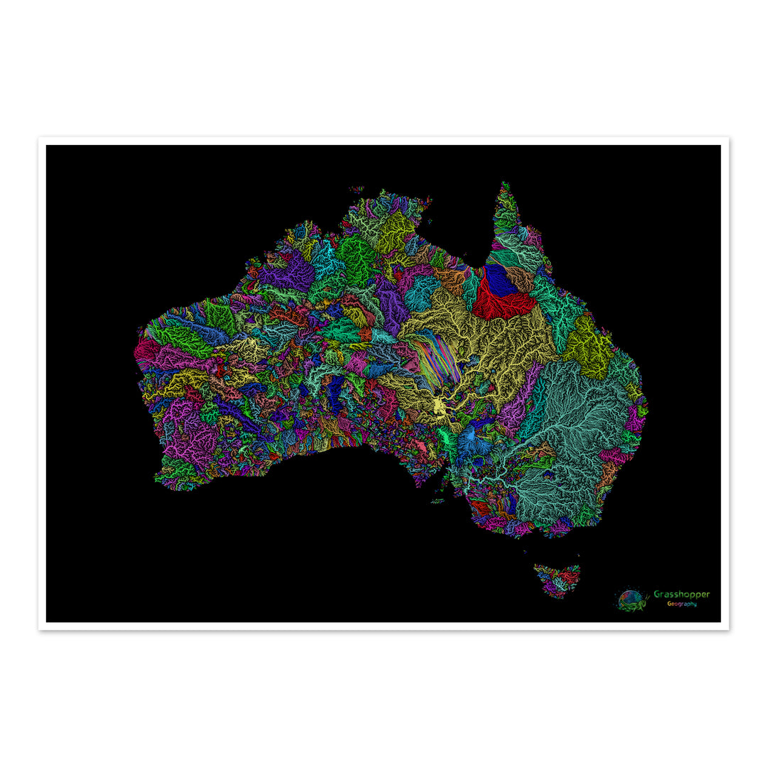 River basin map of Australia, rainbow colours on black - Fine Art Print
