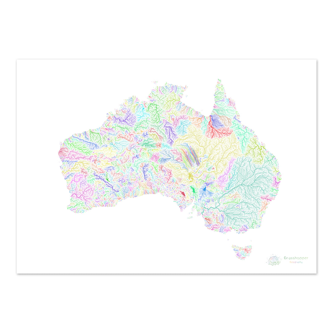 Australia - Mapa de la cuenca fluvial, arco iris sobre blanco - Impresión de Bellas Artes