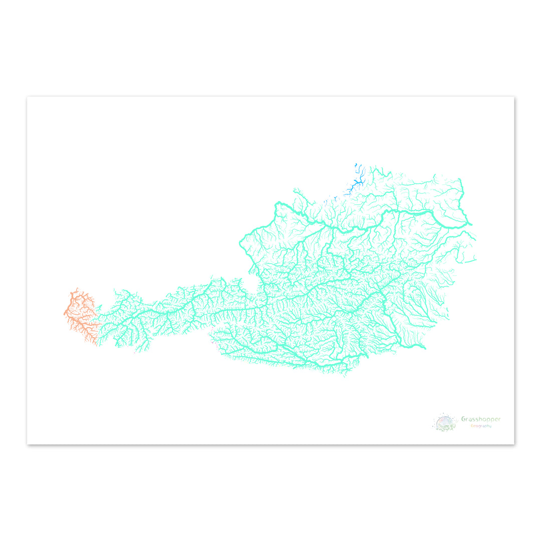 奥地利 - 河流流域地图，白色粉彩 - 美术印刷品
