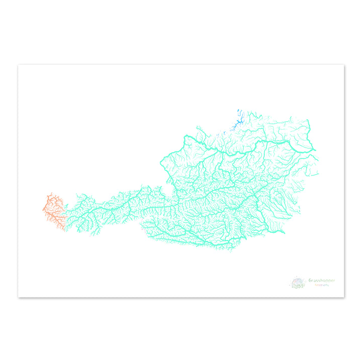 奥地利 - 河流流域地图，白色粉彩 - 美术印刷品