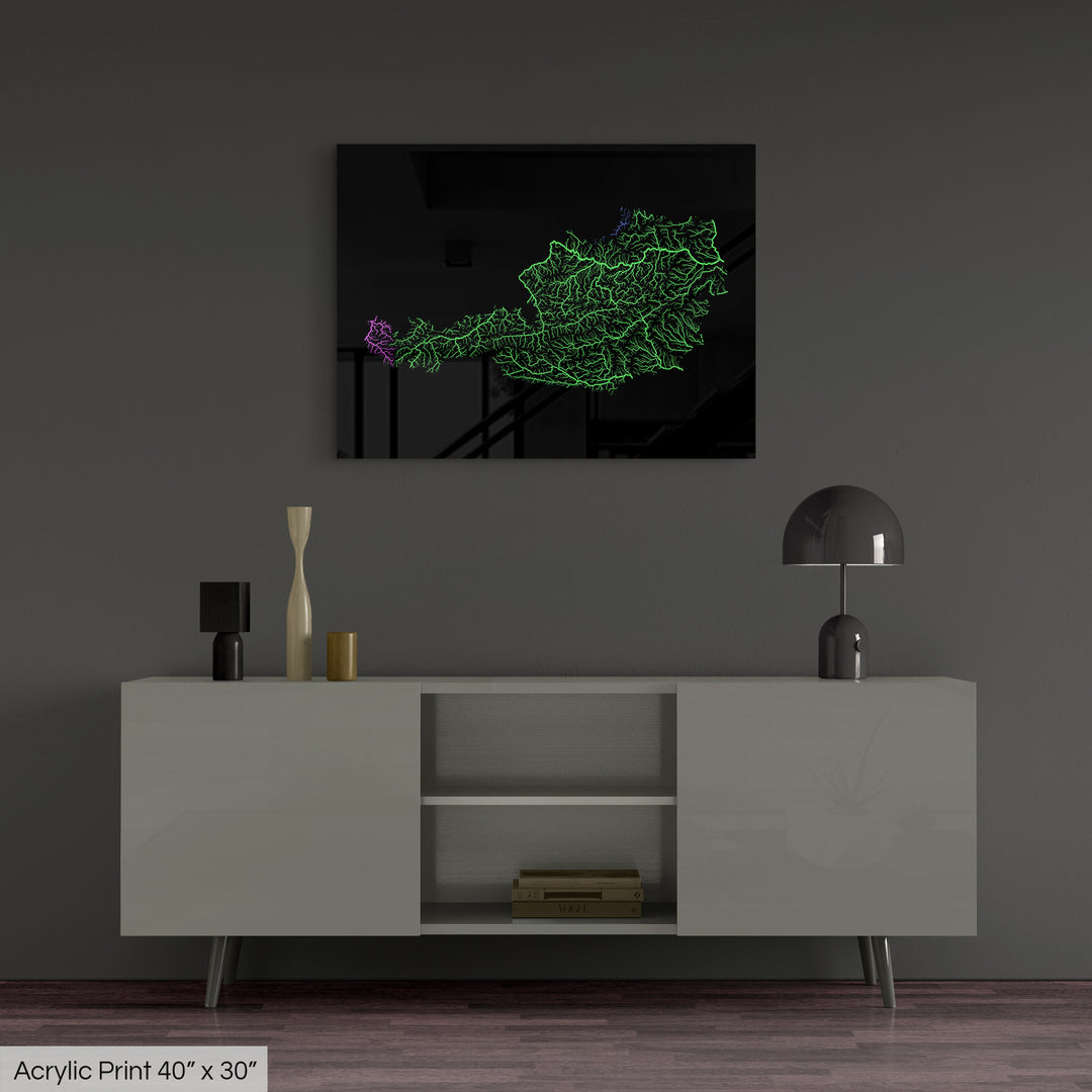 Austria - River basin map, rainbow colours - Wall Art