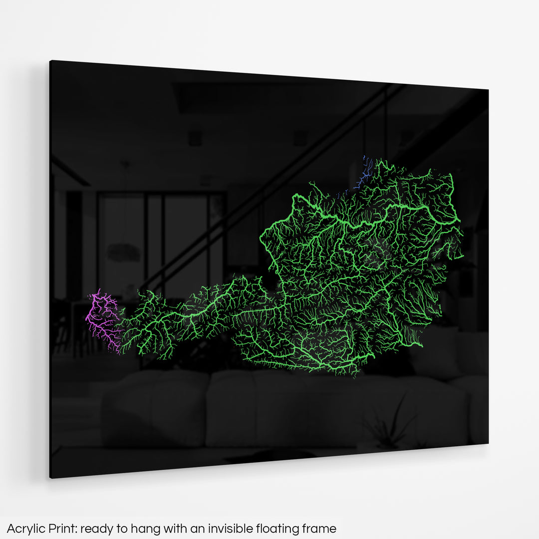 Austria - River basin map, rainbow colours - Wall Art