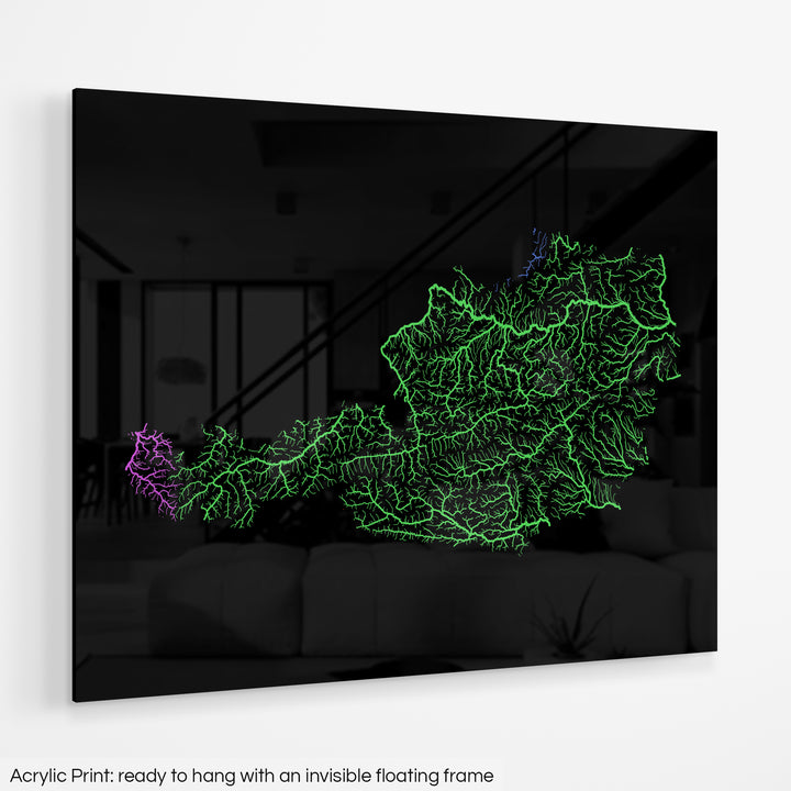 Austria - River basin map, rainbow colours - Wall Art