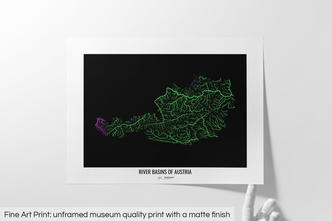 Austria - River basin map, rainbow colours - Wall Art