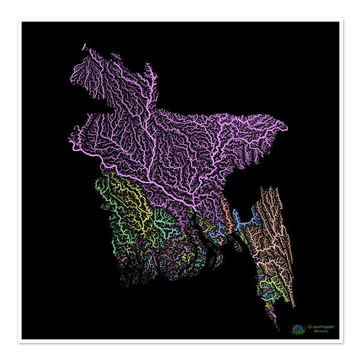 Bangladesh - Mapa de la cuenca fluvial, pastel sobre negro - Impresión de bellas artes