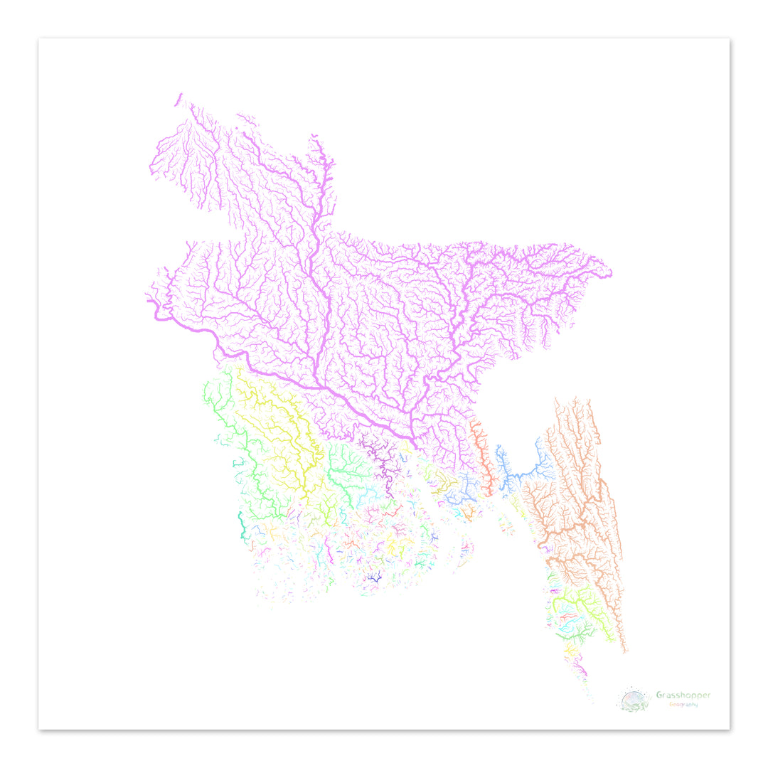 Bangladesh - Mapa de la cuenca fluvial, pastel sobre blanco - Impresión de bellas artes