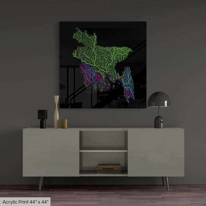 Bangladesh - River basin map, rainbow colours - Wall Art