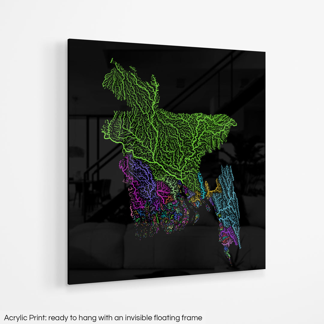 Bangladesh - River basin map, rainbow colours - Wall Art