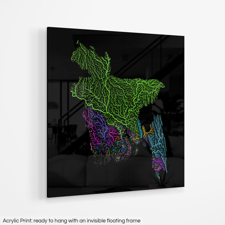 Bangladesh - River basin map, rainbow colours - Wall Art