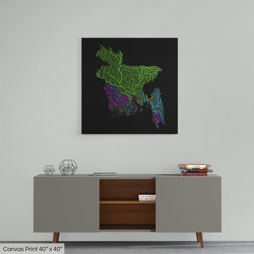Bangladesh - River basin map, rainbow colours - Wall Art
