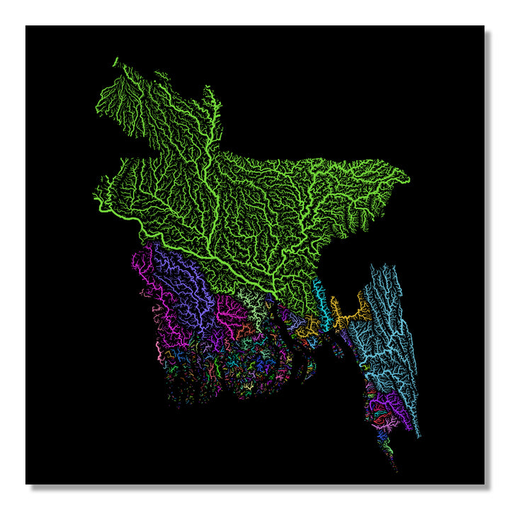 Bangladesh - River basin map, rainbow colours - Wall Art