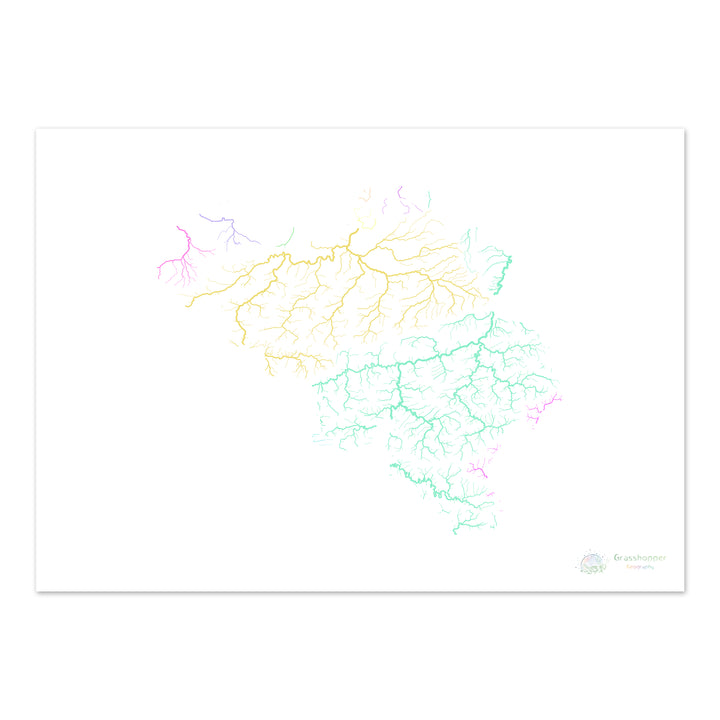 Bélgica - Mapa de la cuenca fluvial, pastel sobre blanco - Impresión de Bellas Artes