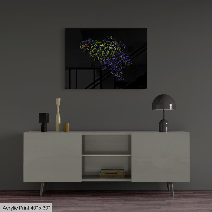 Belgium - River basin map, rainbow colours - Wall Art