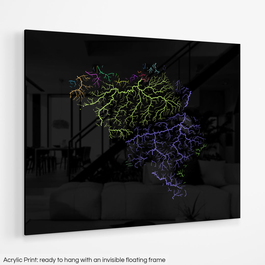 Belgium - River basin map, rainbow colours - Wall Art