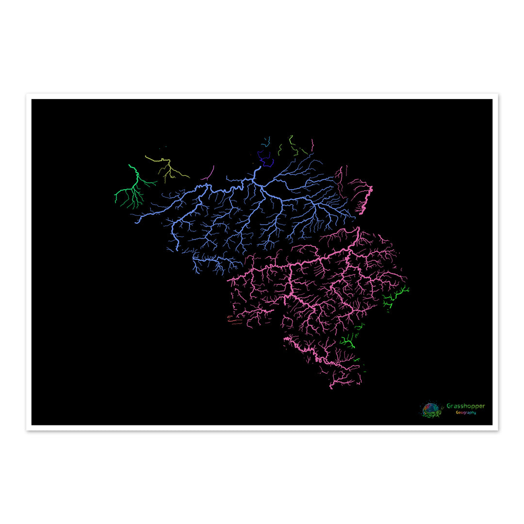Bélgica - Mapa de cuencas fluviales, arcoíris sobre negro - Impresión de bellas artes