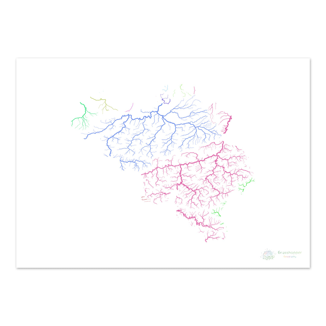 River basin map of Belgium, rainbow colours on white Fine Art Print