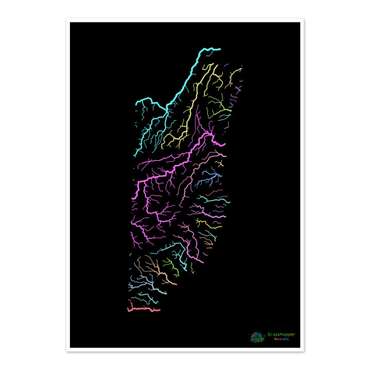 Belize - Carte des bassins fluviaux, pastel sur noir - Fine Art Print