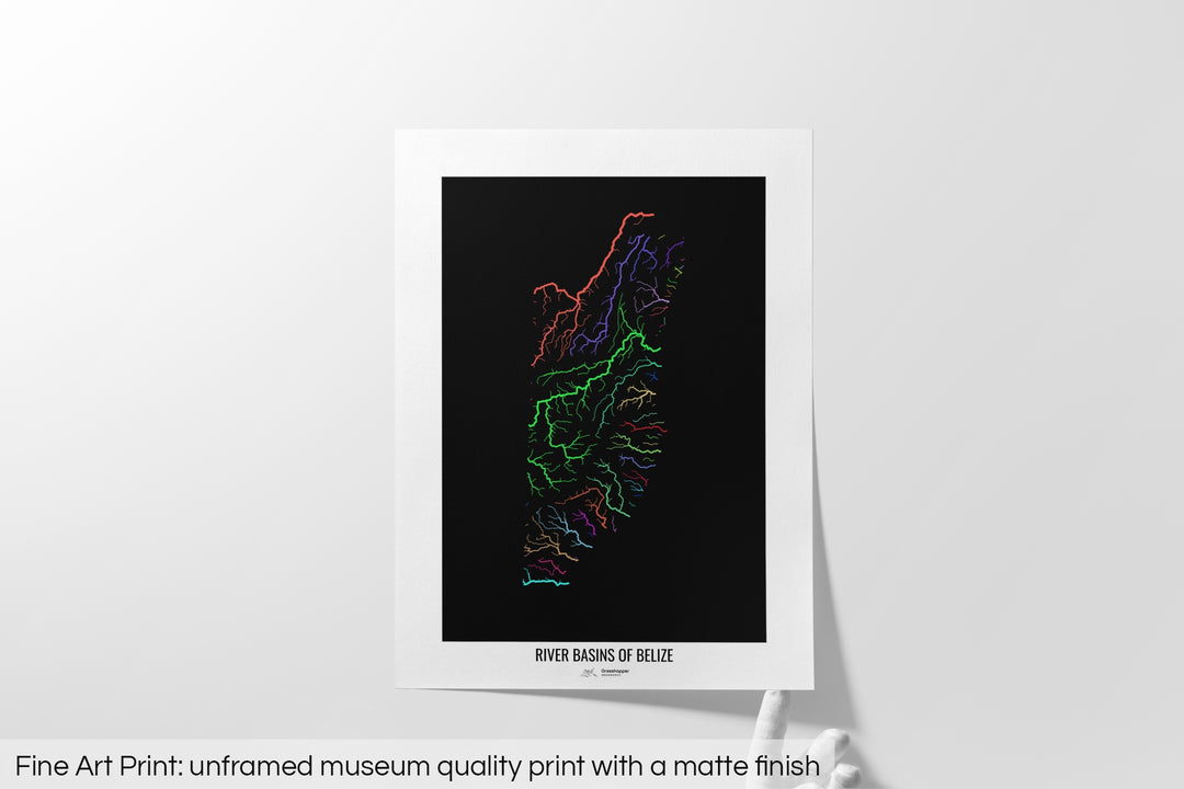 Belize - River basin map, rainbow colours - Wall Art