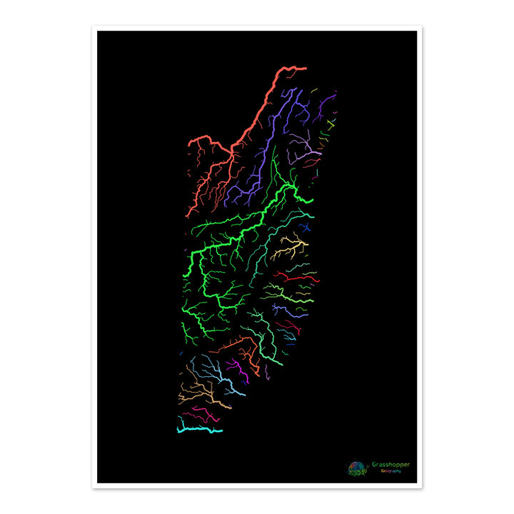 River basin map of Belize, rainbow colours on black - Fine Art Print