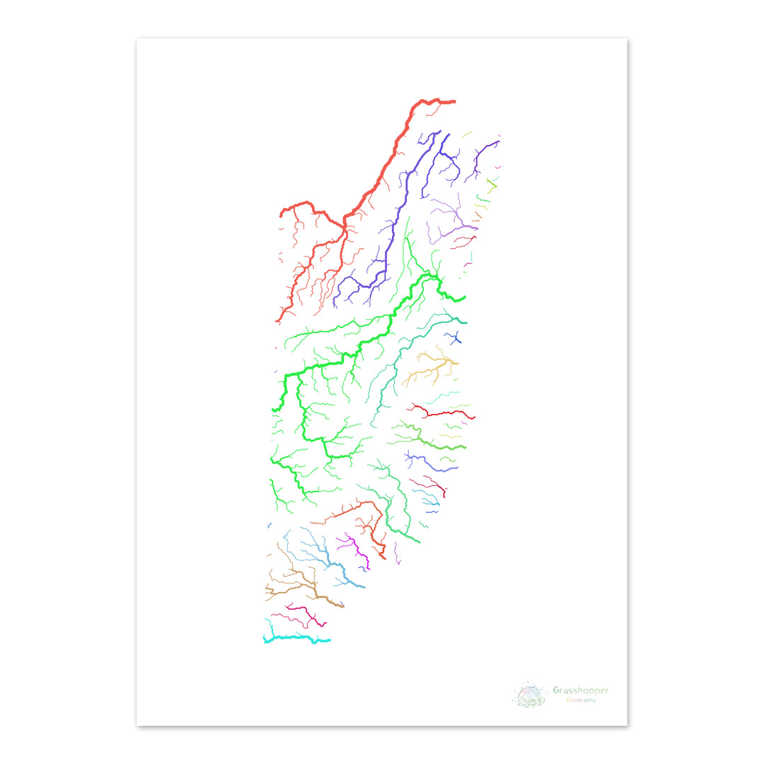 Belice - Mapa de la cuenca fluvial, arco iris sobre blanco - Impresión de Bellas Artes