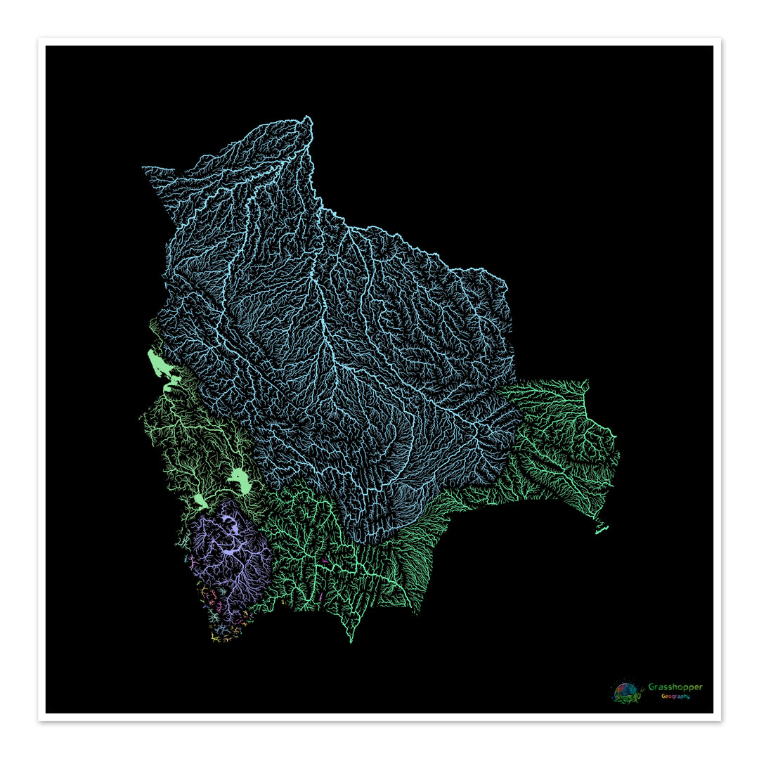 Bolivie - Carte des bassins fluviaux, pastel sur noir - Fine Art Print
