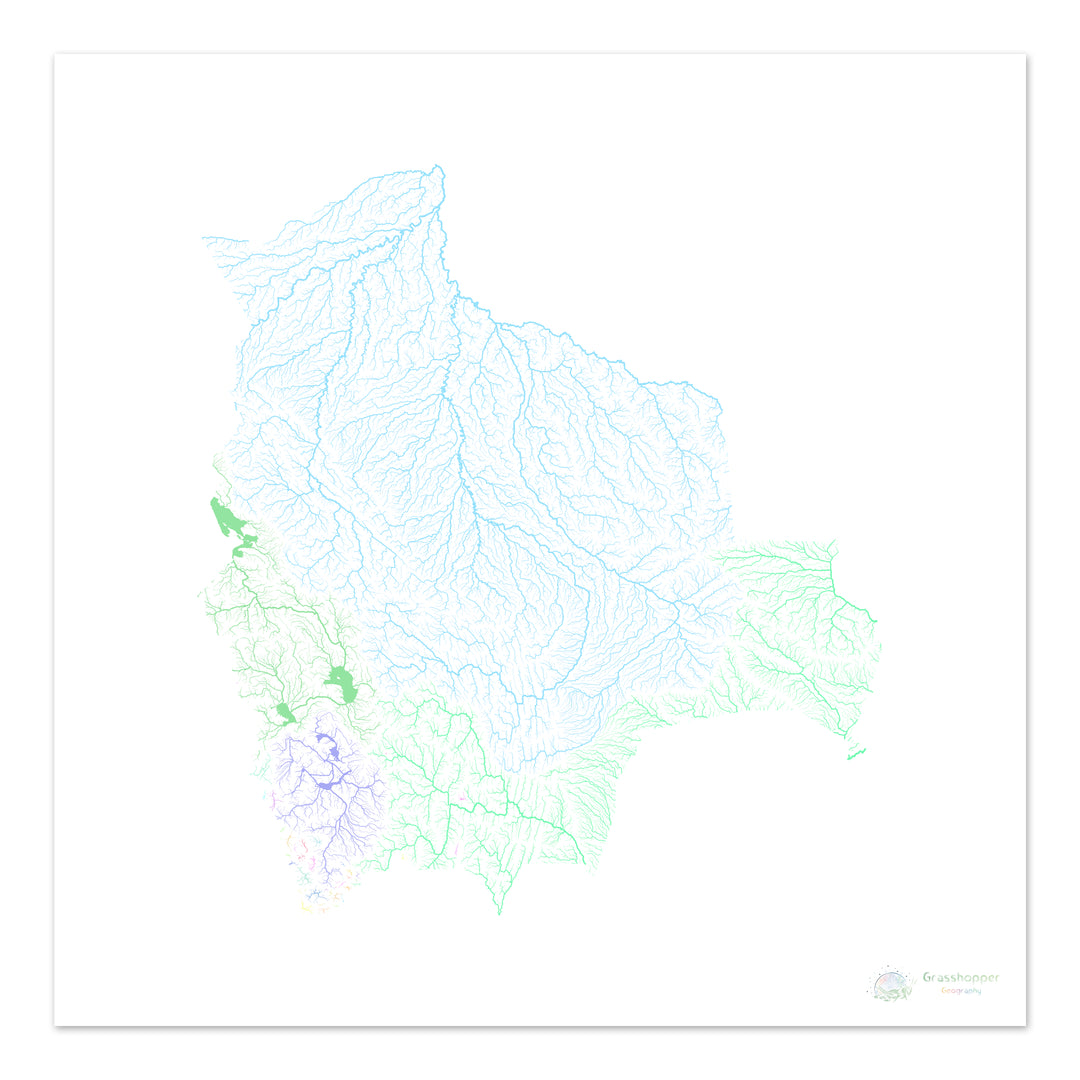 Bolivia - Mapa de la cuenca hidrográfica, pastel sobre blanco - Impresión de Bellas Artes