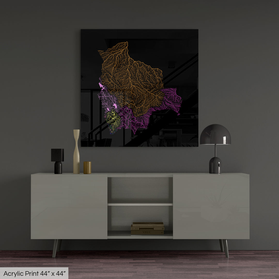 Bolivia - River basin map, rainbow colours - Wall Art