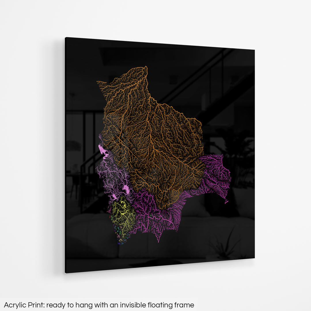 Bolivia - River basin map, rainbow colours - Wall Art
