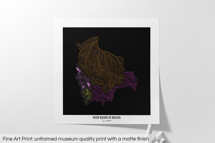 Bolivia - River basin map, rainbow colours - Wall Art