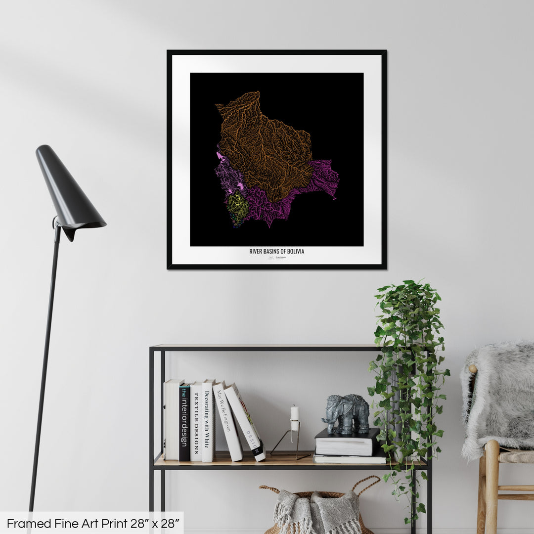 Bolivia - River basin map, rainbow colours - Wall Art