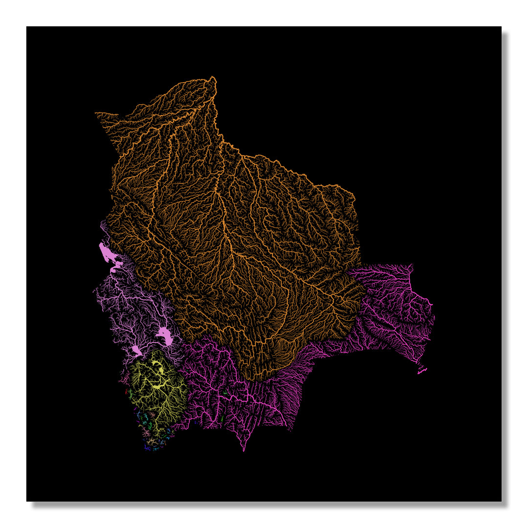 Bolivia - River basin map, rainbow colours - Wall Art